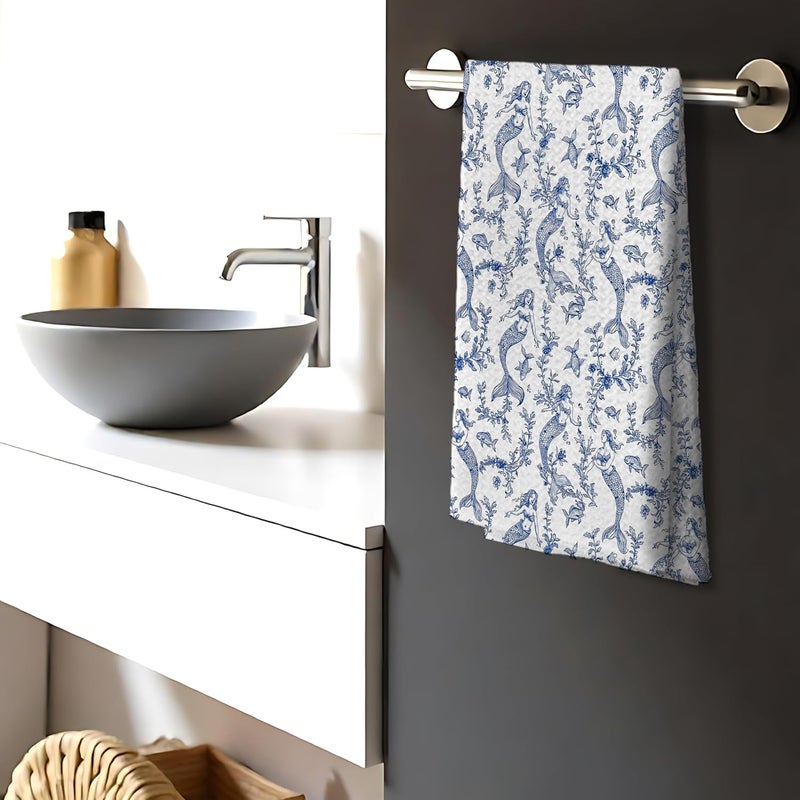 Nipil Nipi Chinoiserie Mermaid Kitchen Towels, Blue and White Botanical Grandmillennial Mermaid Decorative Hand Towels for Bathroom Decor，16x24 Inch - Image 3